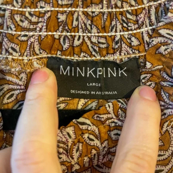 MINKPINK Mustard Leaf Print Smocked Dress - Size Large - Picture 4 of 4